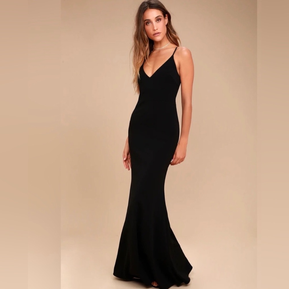 NEW Lulus Black Gown Mermaid Trumpet Maxi Dress V-Neck Open Back Infinite Glory
